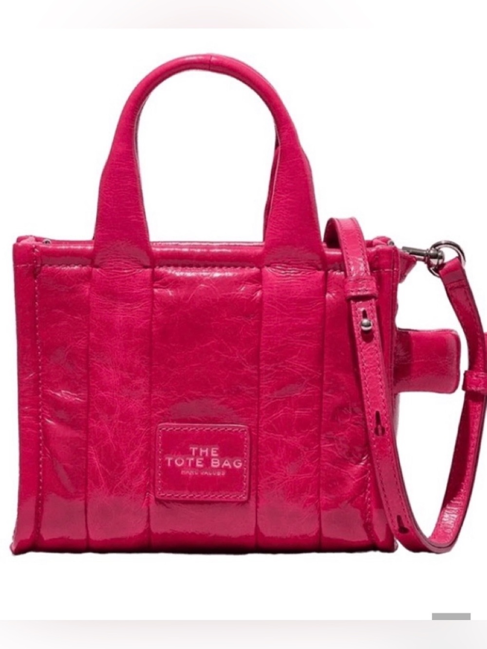 NWT Marc Jacobs Shiny Crinkle Leather Crossbody/Tote in Magenta. Size-micro